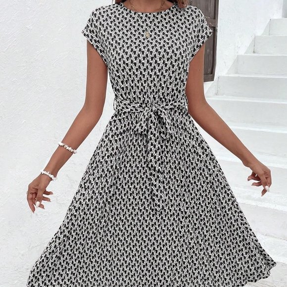 Black Boho Womens Allover Print Batwing Sleeve Belted Dress - Picture 5 of 5